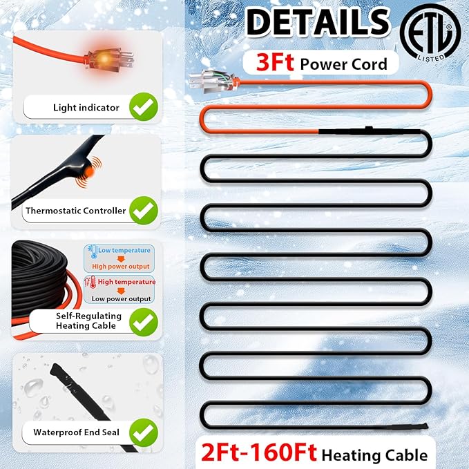 HEATIT 3ft Pipe Heat Cable for Metal And Plastic Home Pipes, Energy-Saving, Self-Regulating Heating Tape for Pipe Freeze Protection, Keeps Water Flowing at -40°F, ETL Listed, 120V 3W/FT