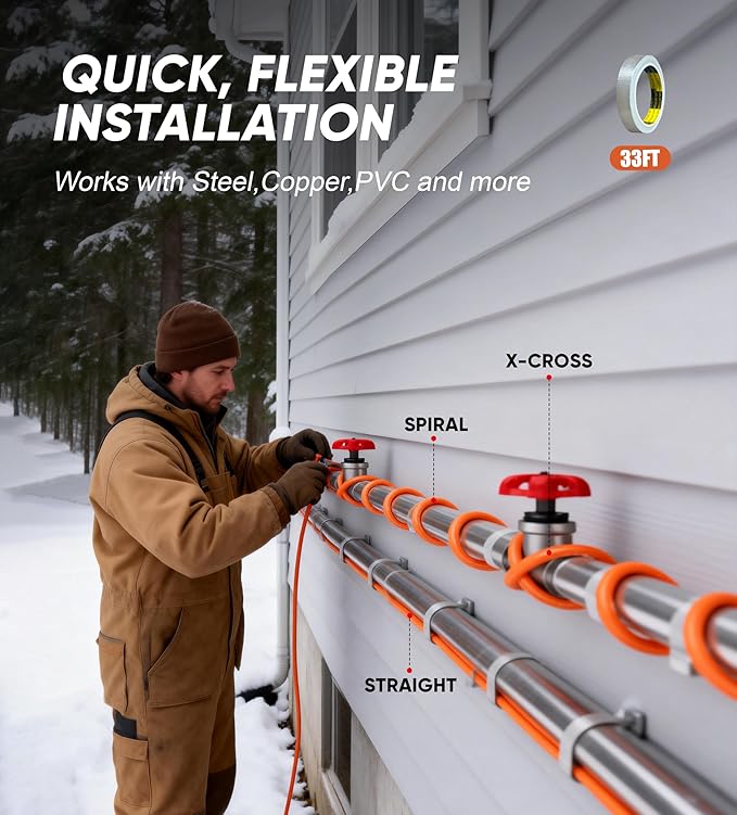 Heat Tape for Water Pipes - 25FT Heat Tape with Thermostat Self-Regulating Heat Tape Freeze Protection, ETL Listed, Keeps Water Flowing at -40°F, 120V 3W/FT
