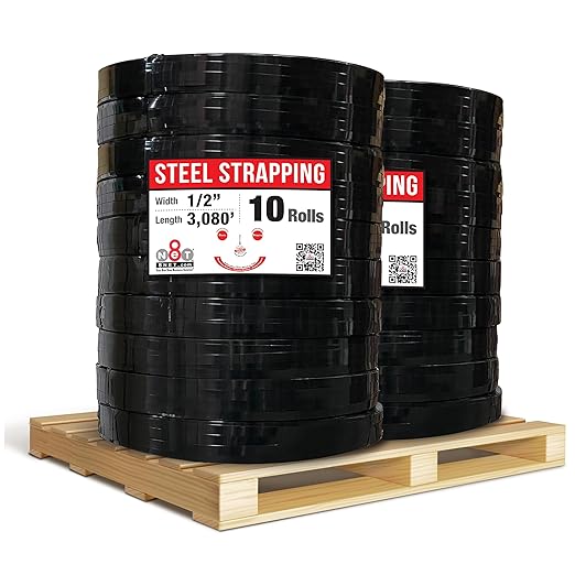 8NET Steel Strapping Band, 3,080' Length x 1/2'' Width x 0.020'' Thickness (1,170 lbs Break Strength), Cut Resistant Pallet Banding, Heavy Duty Metal Strap (20 Rolls)