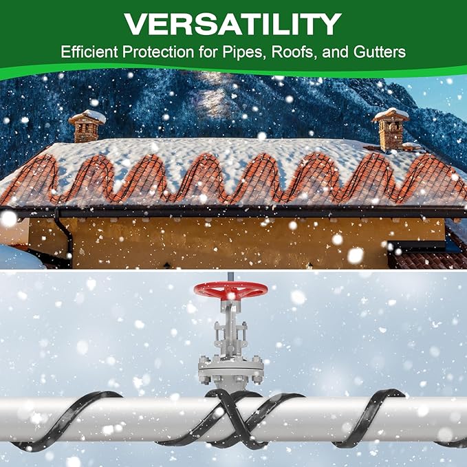 80FT Heat Tape for Water Pipes，-40°F Anti-Freeze De-Icing Heating Tape, Pipe Insulation Heating Cable for Insulation/Roof Snow Removal, Gutter Heating Cable, Heated Water Hose 120V 5W/ft