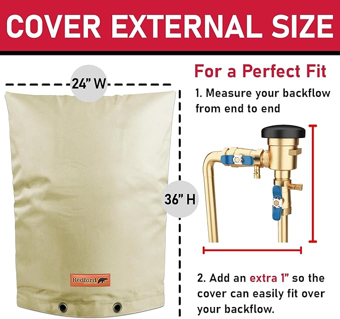 Redford Supply Co. Cold Snap (5°F) Backflow Preventer Insulation Cover, 24"W x 36"H, Pipe Insulation, Water Sprinkler Covers for Outside, Sprinkler Backflow Cover for Winter, Well Pump Bag (Beige)