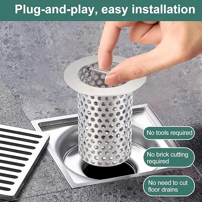 Commercial Floor Drain Strainer, 3 1/2" Lip Diameter x 6" Tall Perforated Cylindrical Mesh 316 Stainless Steel Drain Strainer with Carry Handle for Restaurant/Factory/Kitchen/Laboratory