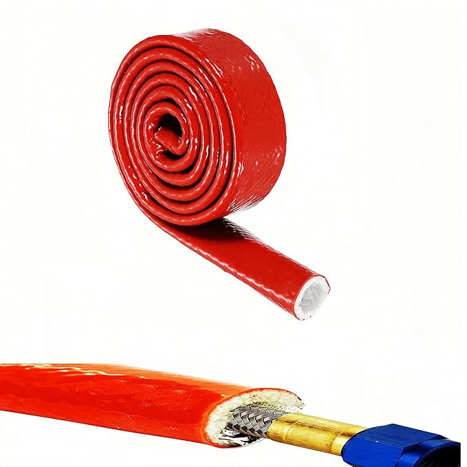 5/8"(16mm) ID Heat Shielded Fire Thermo Armor Fire Sleeve Silicone Coated Fiberglass for Automotive Hose Lines & Electrical Wiring Red, 5 feet
