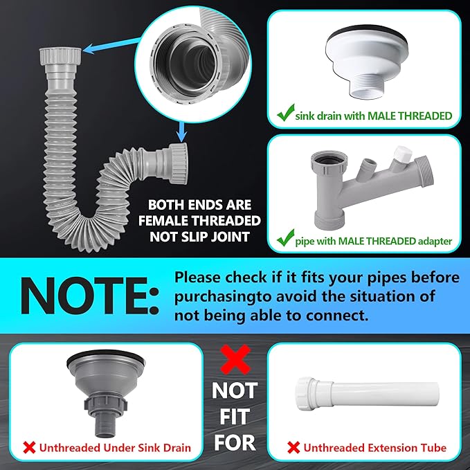 Sink Drain Pipe Kit, 1 Pack Flexible Drain Pipe P Trap, 12.79"-35.03" Flexible P Trap, Under Sink Plumbing for Bathroom & Kitchen, 1-1/4" Adapter Included