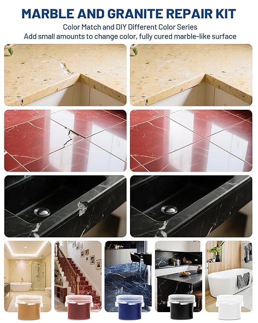Marble and Granite Repair Kit (Color Match), 160g/5.64oz Quartz Countertop Repair Kit for Chips Holes Dents Defects Scratches Cracks, DIY Fix Reattaches Porcelain Tile Sink Stone Other Hard Surfaces
