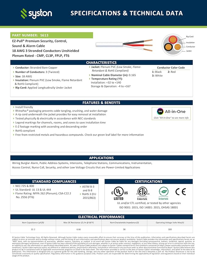 SYSTON 18/3 Fire Security Burglar Station Sound Alarm Control Cable Wire, Plenum-Rated CMP/CL3P Unshielded 100% Copper Stranded UL/ETL,UV Resistant RoHS for Indoor/Outdoor Low Voltage Applications Use