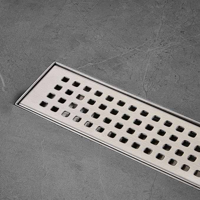 Linear Shower Floor Drain, Brushed Nickel 36 Inch 304 Stainless Steel Bathroom Drains Kit, Long Rectangular Shower Trench Drain with Square Pattern Drain Cover & Hair Catcher