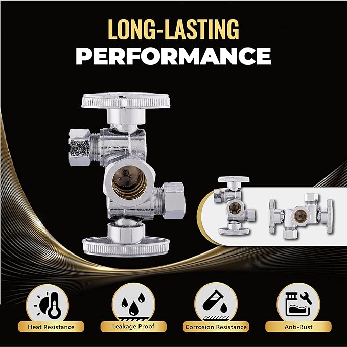 50-Pack Foskan Dual Compression 1/4 Turn Angle Stop Valve with 2 Shut Off Valve/Handles,1/2" NOM (5/8" OD) x 3/8" OD x 3/8" OD,Chrome Plated Brass