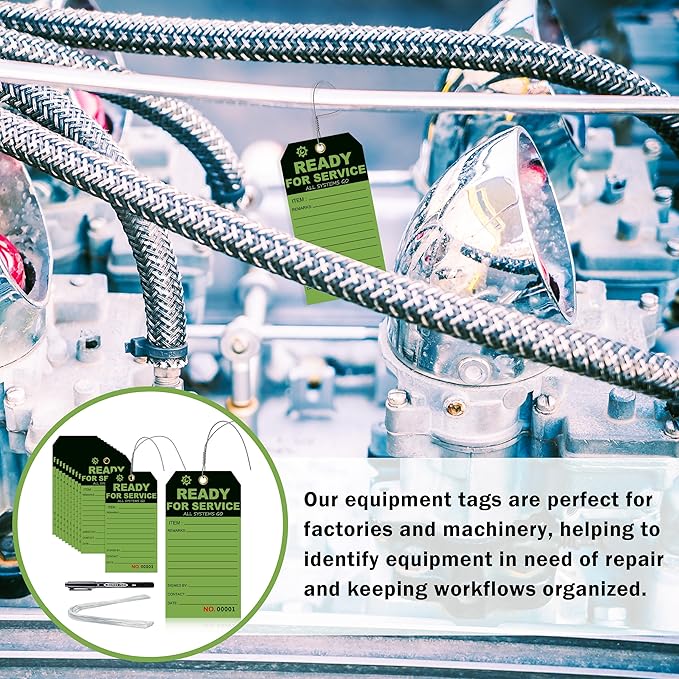 100 Pcs Ready for Service Tags 3 x 5.75 Inch with Serial Number Service Repair Green Tag with 10 Inch Wire Status Notice Tags Equipment Tag Designed for Factories (100)