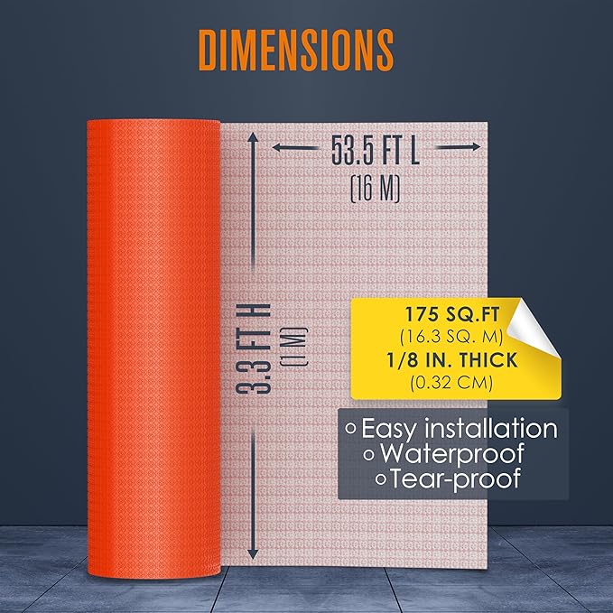 Houseables Uncoupling Membrane, Tile Underlayment, Tile Membrane, Flooring Underlayment, for Floor, Decoupling, Anti Fracture, Waterproof, Anti Crack, Vapor, 1/8" Thick, 3.3 ft x 53.5 ft / 175 Sq Ft