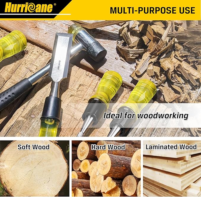 HURRICANE 4 Piece Wood Chisel Set for Woodworking. CR-V Steel Beveled Edge Blades with Safety Caps. Durable PVC High Impact Handle, for Precision Carving & DIY Projects (1/4", 1/2", 3/4", 1")