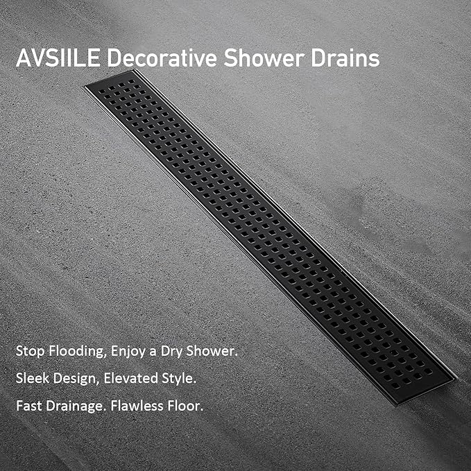 Linear Shower Floor Drain, Matte Black 18 Inch 304 Stainless Steel Bathroom Drains Kit, Long Rectangular Shower Trench Drain with Square Pattern Drain Cover & Hair Catcher