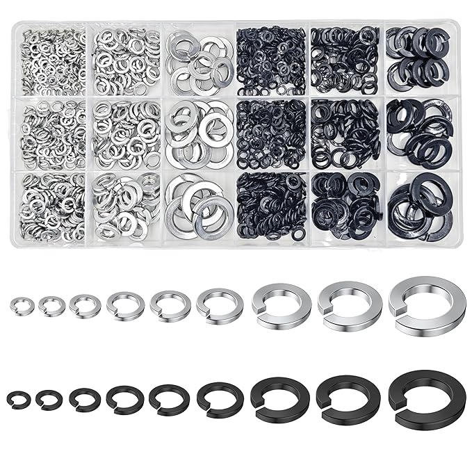 Lock Washer kit for Screws and Bolts, (#4#6#8#10#12 1/4 5/16 3/8 1/2 Stainless Steel 304 and Black) Split Lock Washer Set, Suitable for Factory Maintenance, Kitchen, Store and Outdoor