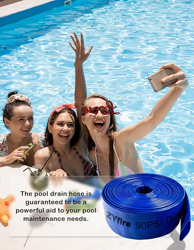 ZYfire Pool Backwash Hose with 2 Clamps - 1-1/2" x 50 FT PVC Lay Flat Discharge Hose Heavy Duty Reinforced Pool Hose Weather and Burst Resistant for Pool Drain, Sump Pump, Pool Filter