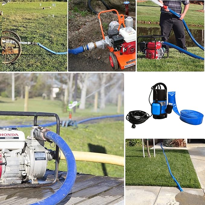 DAVCO 3" x 100 ft Pool Backwash Hose, 3” Diameter and 5” Flat Wide Heavy Duty Reinforced Blue PVC Lay Flat Water Discharge Pump Hoses For Swimming Drain Pools and Clean Filters,with 1 Clamp