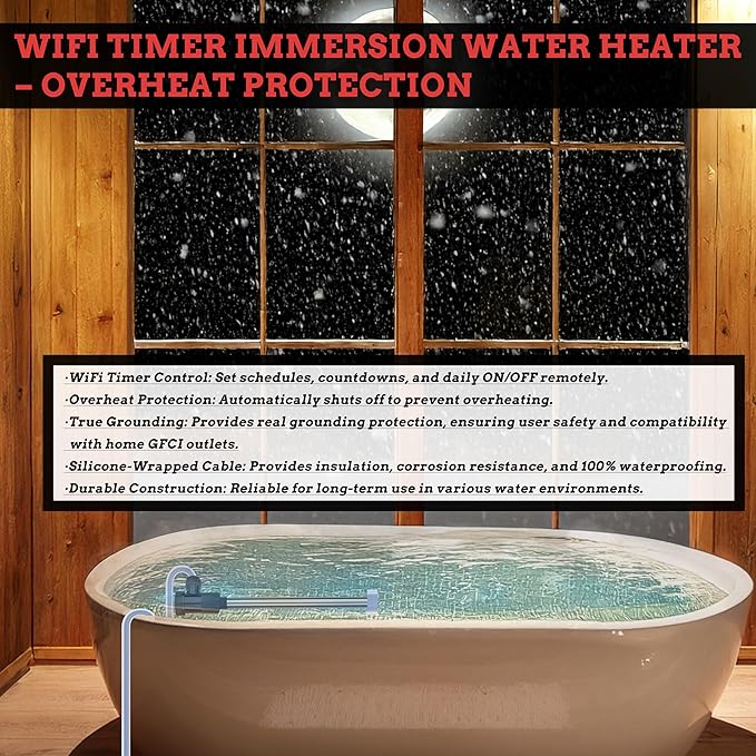 3500W 240V Swimming Pool Immersion Water Heater with Wifi Timer & Auto Shut Off – Submersible Electric Heater for Above-Ground Pool, Spa, Hot Tub, Bucket, Baptistry, Baptismal Pool & Bathtub