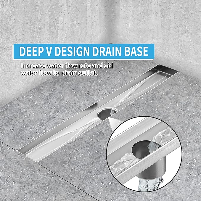 Linear Shower Drain 28 Inch Rectangular, Brushed Nickel SUS-304 Stainless Steel Shower Drain, 51L/Min Fast Drainage Floor Linear Drain, US Standard CUPC Certified, Brushed Silver, SD-112-28S