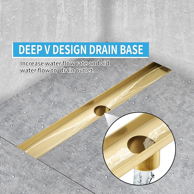 Linear Shower Drain 28 Inch Rectangular, Brushed Gold Shower Drain, 51L/Min Fast Drainage SUS-304 Stainless Steel Floor Linear Drain, US Standard CUPC Certified, Zirconium Gold, SD-112-28ZG