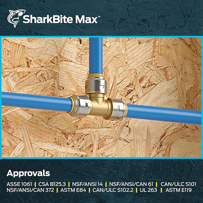 SharkBite Max 3/4 Inch Tee, Pack of 6, Push to Connect Brass Plumbing Fitting, UR370