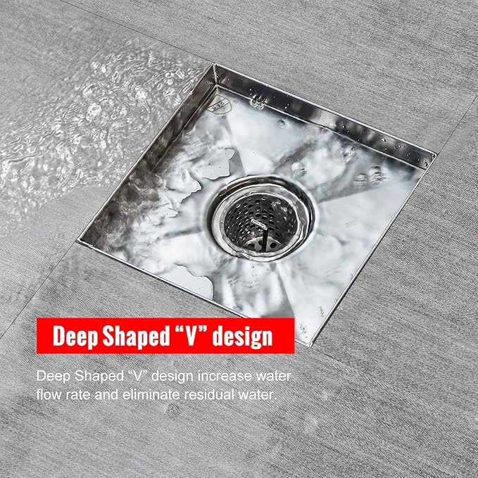 SaniteModar Square Shower Drain 6 inch Comes with Removable Square Hole Panel by Using 304 Stainless Steel Brushed Process. It is Equipped Hair Filter and Threaded Joint with Rubber Ring