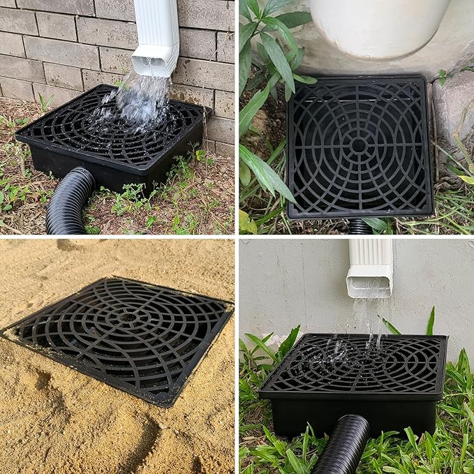 Low Profile Catch Basin Drain Kit Downspout Extender, 12"×12" Catch Basin Gutter Downspout Extensions with 2" ID Flexible Pipe, Pipe Stretched Length 16.4ft, Rainwater Drainage System