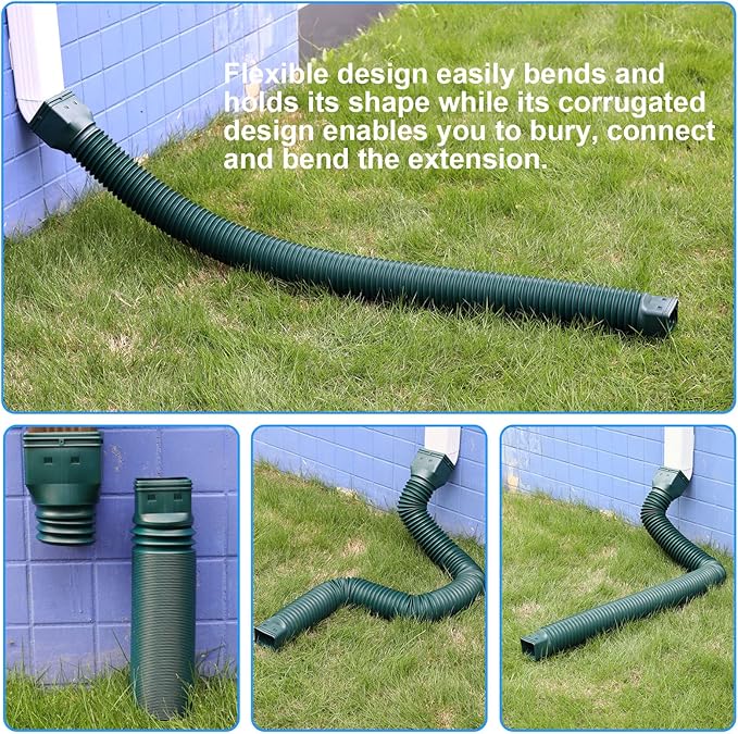 11.5ft Long Gutter Downspout Extensions Flexible, Drain Downspout Extender, Down Spout Drain Extender, Gutter Connector Rainwater Drainage, Extendable from 2.6ft to 11.5ft(2Pack, Green)