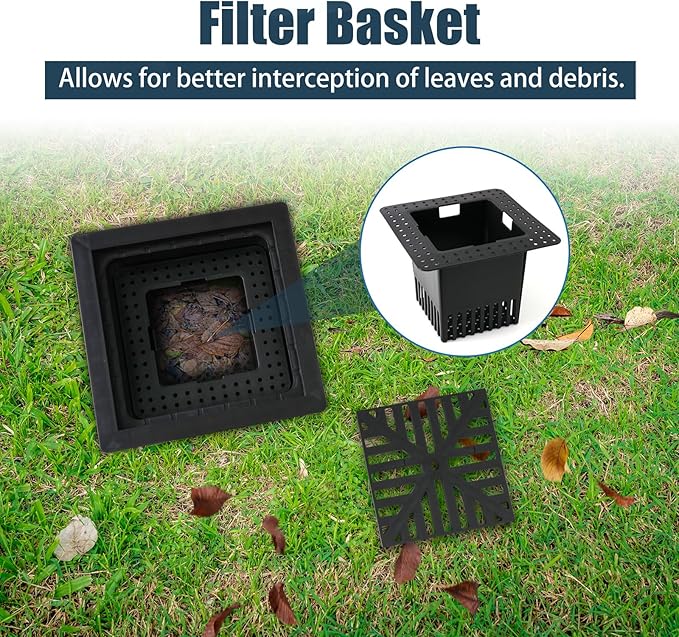 Upgrade 12-Inch Catch Basin Drainage Kit with Debris Basket Strainer, 4 Size (2", 3", 4-3/8", 6-3/8") Pipes for Garden, Yard, Lawns, Outdoor (2 Pack)