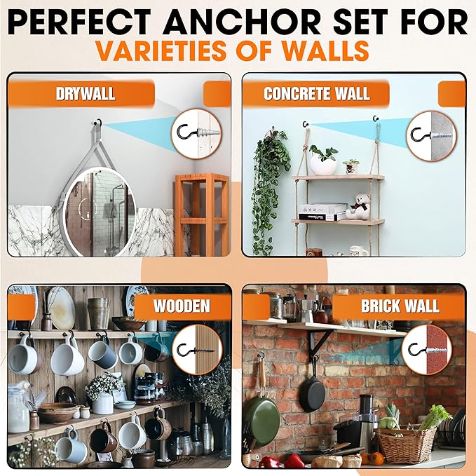 [Upgraded] 10 PCS Screw Hooks with Self-Drilling Drywall Anchors, Plastic Expansion Tubes Included, Heavy Duty Eye Hook, Screw in Hook for Hanging Plants, String Lights, Cup, Key