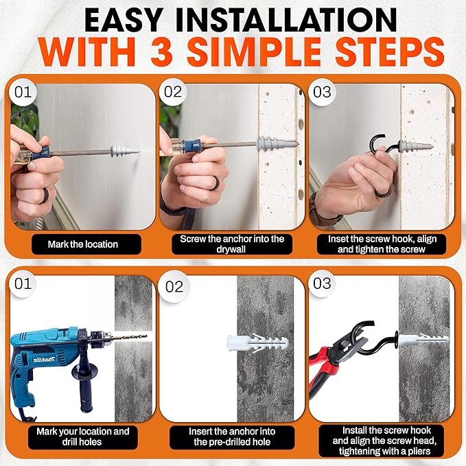 [Upgraded] 10 PCS Screw Hooks with Self-Drilling Drywall Anchors, Plastic Expansion Tubes Included, Heavy Duty Eye Hook, Screw in Hook for Hanging Plants, String Lights, Cup, Key