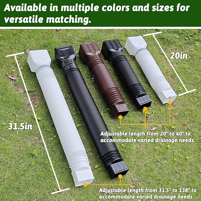 2 Pack Gutter Downspout Extensions 138" with Filter, Corrugated Flexible Gutter Pipe, Rain Diverter, Down Spout Drain Extension, Extendable from 31.5" to 138", Screws for Included, White