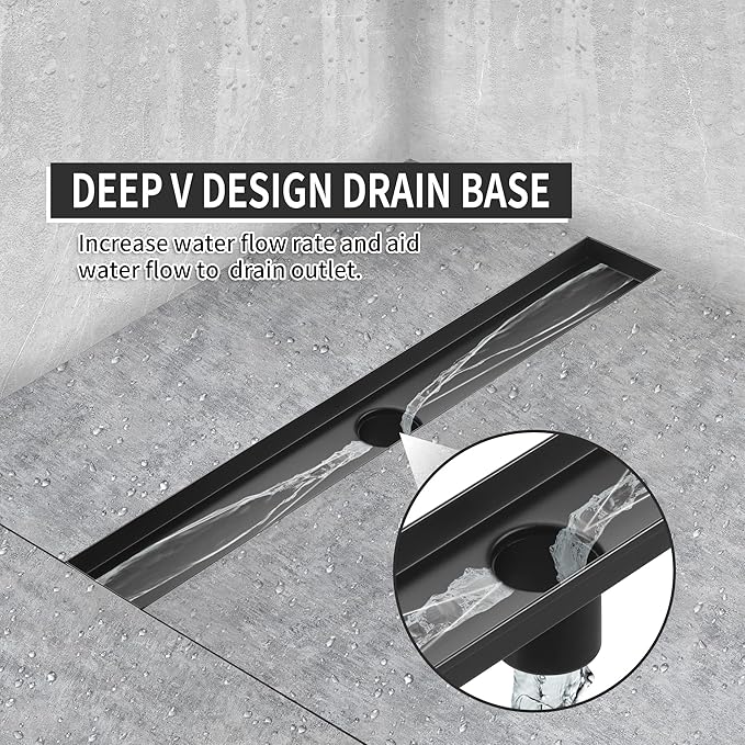 Linear Shower Drain 36 Inch, Bubbles Shower Drain SUS-304 Stainless Steel, 51L/Min Fast Drainage Floor Linear Drain, US Standard CUPC Certified, Matte Black, SD-099