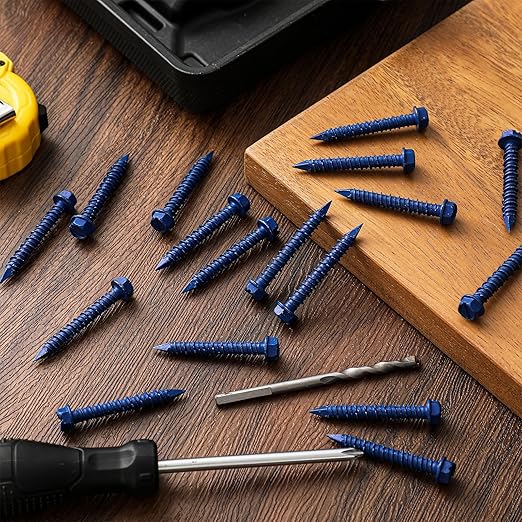 200 Qty 3/16" x 3-3/4" Hex Head Concrete Screws Anchor with Drill Bits Blue Slotted Hex Screws for Anchor Masonry, Block, Brick, Cement, Stucco, Diamond Point and Wood Fastening