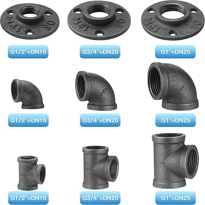 1/2" Floor Flange/Elbow/Tee Combo, 40 Pack Pipe Fitting for Industrial vintage style, DIY Project/Furniture/Shelving Decoration (40, 1/2 Inch)