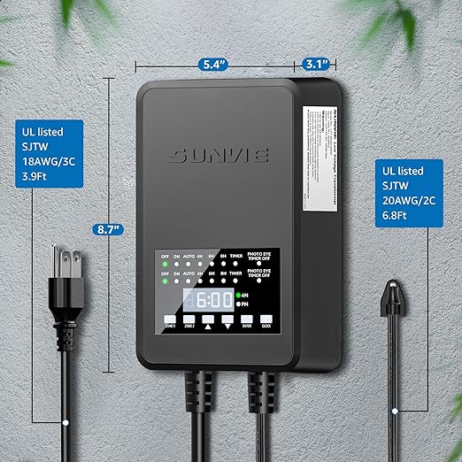SUNVIE 200W Low Voltage Landscape Transformer with 2 Independent Control Output Landscape Lighting Transformer with Timer and Photocell Sensor 120V AC to 12/14V AC Weatherproof Low Voltage Transformer
