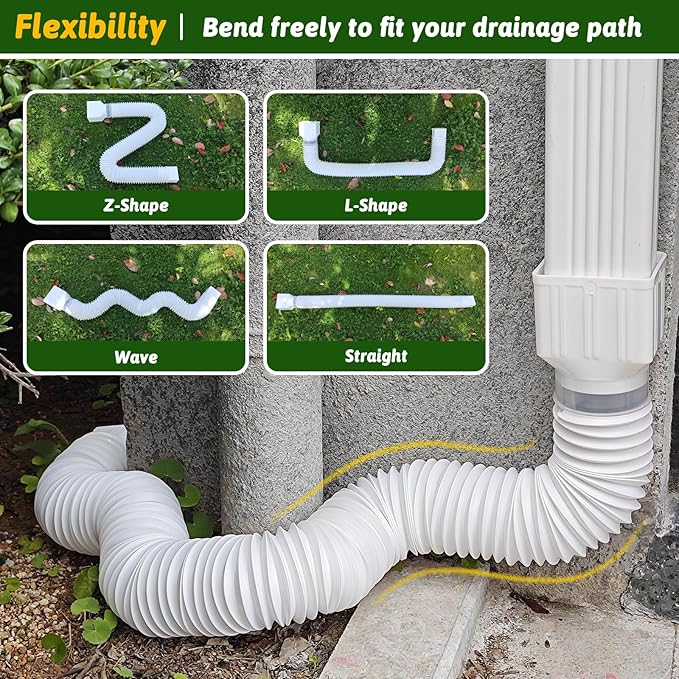 2 Pack Gutter Downspout Extensions 138" with Filter, Corrugated Flexible Gutter Pipe, Rain Diverter, Down Spout Drain Extension, Extendable from 31.5" to 138", Screws for Included, White