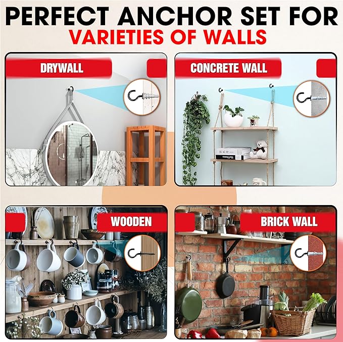 [Upgraded] 25 PCS Screw Hooks with Self-Drilling Drywall Anchors, Plastic Expansion Tubes Included, Heavy Duty Eye Hook, Screw in Hook for Hanging Plants, String Lights, Cup, Key