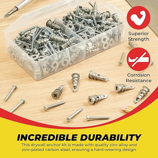 Qualihome Zinc Self Drilling Drywall Anchor Hollow Wall Anchor Kit With Screws - Metal Self Drilling Drywall Anchors With Wide Screw Fins - #8 Zinc Drywall Anchors Heavy Duty (100 Pack)