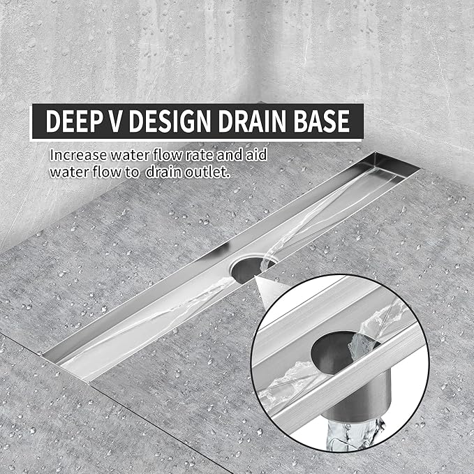 Linear Shower Drain 24 Inch, Bubbles Shower Drain SUS-304 Stainless Steel, 51L/Min Fast Drainage Floor Linear Drain, US Standard CUPC Certified, Brushed Silver, SD-099