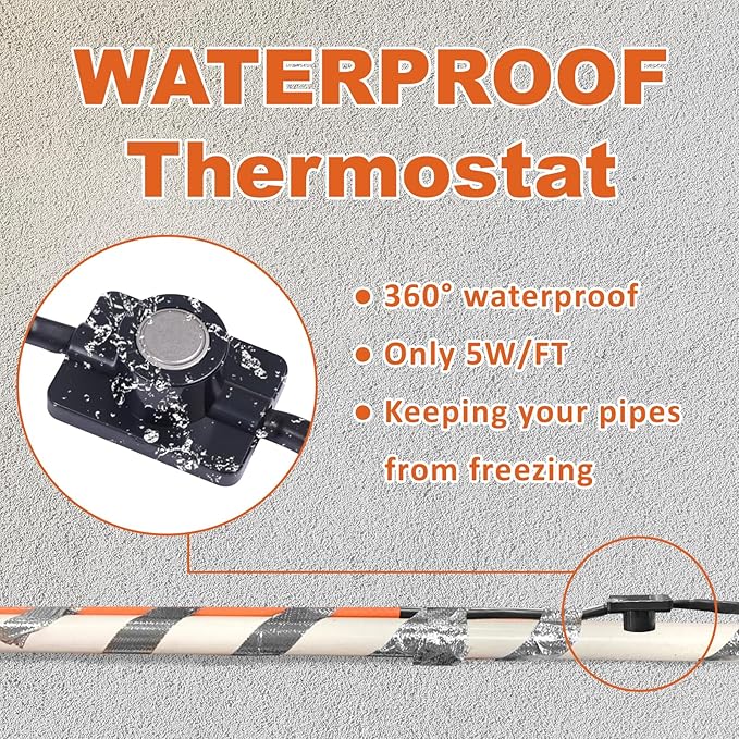Cupohus Heat Tape for Water Pipes with Thermostat 40FT, Freeze Protection Self-Regulating Heat Trace Cable for Metal, Plastic Home Pipes, Roof and RV, 110-120V