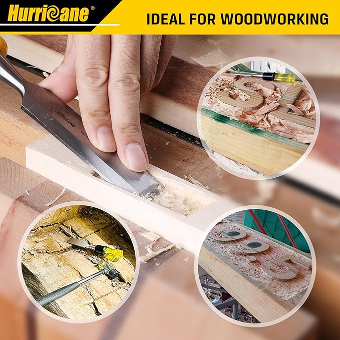HURRICANE 4 Piece Wood Chisel Set for Woodworking. CR-V Steel Beveled Edge Blades with Safety Caps. Durable PVC High Impact Handle, for Precision Carving & DIY Projects (1/4", 1/2", 3/4", 1")
