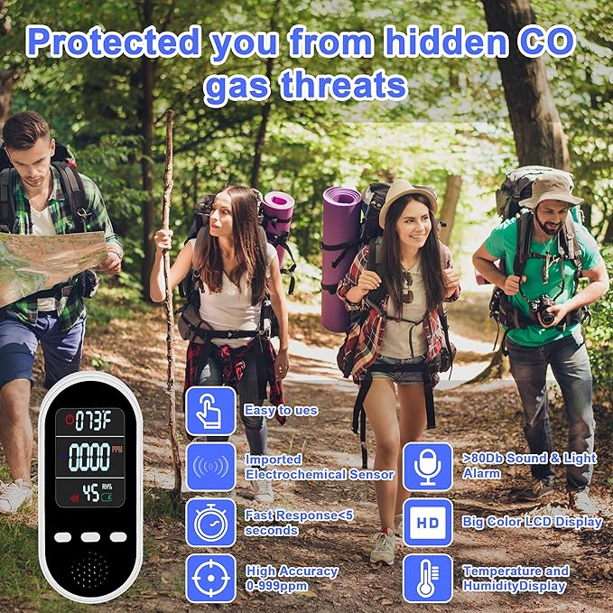 Portable Carbon Monoxide Detector Mini air Quality Monitor with Lanyard Alarm, CO Gas/Humidity Sensor/Indoor/Outdoor Thermometer, Battery Powered LED Screen