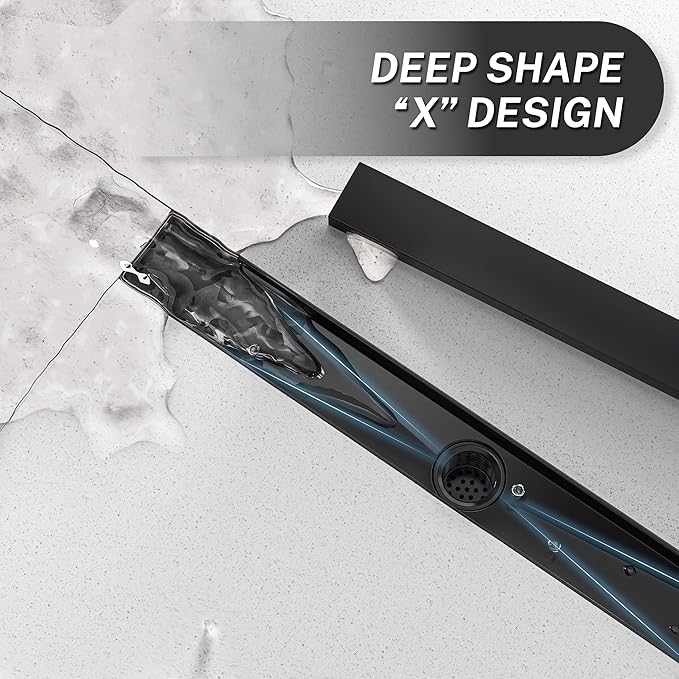 Linear Shower Drain, Linear Drains .30 Inch Shower Trench Drain with 2-in-1 Flat Cover & Inser Cover,304 Stainless Rectangle Steel Shower Floor Drain with Hair Strainer and Leveling Feet(Black, 30 in)