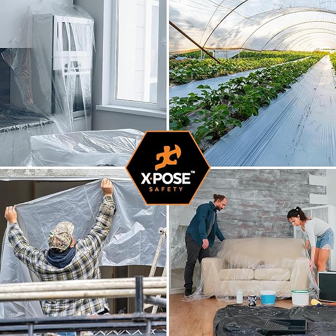 Xpose Safety Clear Plastic Sheeting – 20' x 100' Roll – Heavy Duty 5.2 Mil Poly Sheet – Waterproof, Dustproof, Vapor Barrier – for Construction, Painting, Industrial Use