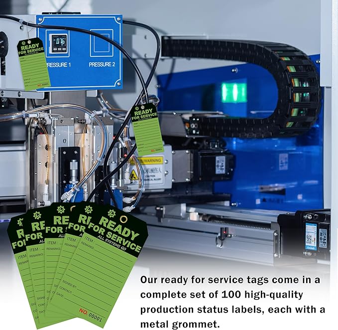 200 Pcs Ready for Service Tags 3 x 5.75 Inch with Serial Number Service Repair Green Tag with 10 Inch Wire Status Notice Tags Equipment Tag Designed for Factories (200)