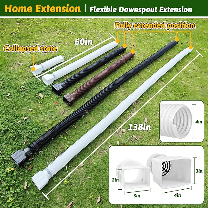 2 Pack Rain Gutter Downspout Extensions 60" with Filter, Corrugated Flexible Gutter Pipe, Downspout Diverter, Down Spout Drain Extension, Extendable from 20" to 60", Screws for Included, Brown